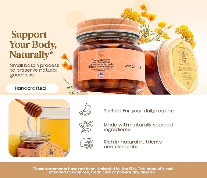 AVOCADOES Organic Raw Honey with Fermented Garlic &amp Ginger – Handcrafted Unfiltered Honey Blend – Natural Support for Immunity &amp Digestion – Small Batch – 8 oz Glass Jar