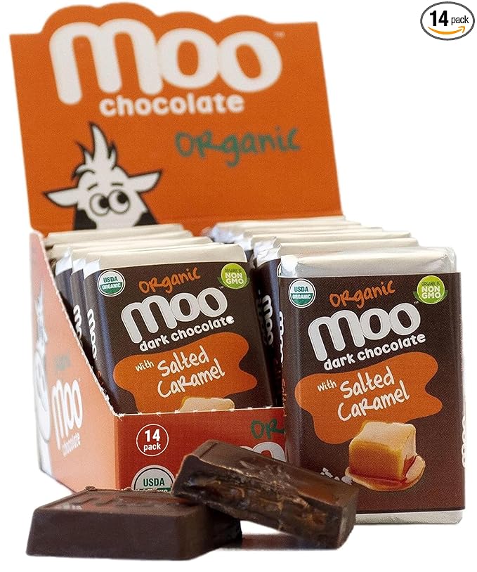 Moo Chocolates Organic Dark Chocolate Mini Bars with Salted Caramel 0.7oz 14 ct (Pack of 1) | USDA Organic Non-GMO | 100 Calorie Snacks for On-the-Go Lunchboxes Office