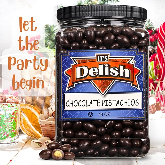 Dark Chocolate Covered Pistachio by It's Delish 48 OZ Jumbo Container | Chocolate Candy Nuts Bulk Pistachios Chocolates Sweet &amp Crunchy Nut Snack | Vegan Kosher