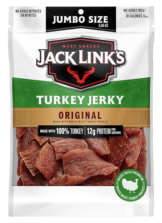 Jack Link's Turkey Jerky Original 5.85 oz. Sharing Size Bag – Flavorful Meat Snack with 12g of Protein 80 Calories Made with 100% Turkey - 96% Fat Free No Added MSG or Nitrates/Nitrites