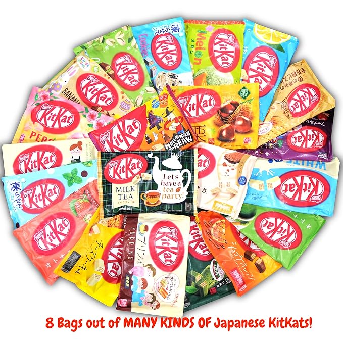 DagashiyaBox Japanese Treats Snacks Assortment Box with 70~80 Bars pcs of KitKat 8 bags Sweet Dagashi Box for Kids and Adults Fun Birthday Gift