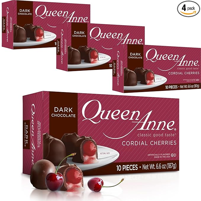 Queen Anne Dark Chocolate Covered Cordial Cherries | 6.6 oz (Pack of 4) | 10 Piece Gift Boxes | Whole Maraschino Cherry Creamy Filled Liquid Center | Holiday Party Chocolate Candy