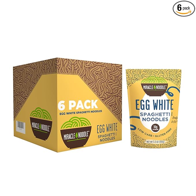 Miracle Noodle Egg White Spaghetti Pasta 3.5 Oz (Pack of 6) Ready to Eat Egg White Noodles 10g Protein 45 Calories 1g Net Carbs Per Serving High Protein Keto Gluten-Free