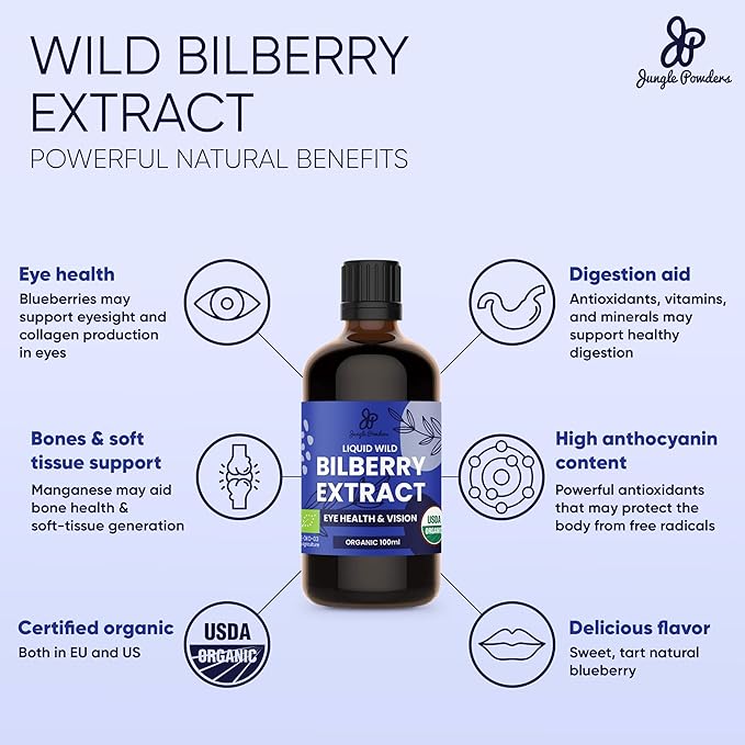 Jungle Powders Organic Freeze Dried Whole Blueberries 4oz Wild Blueberry Powder 5oz &amp USDA Bilberry Liquid Extract 3.4oz – Antioxidant Superfood for Smoothies Baking &amp Eye Health Support