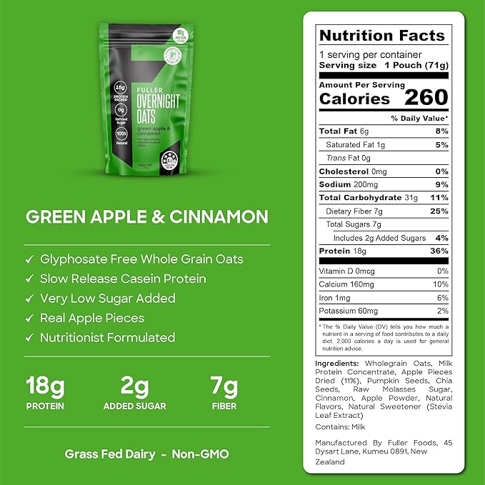 Delicious Apple Cinnamon High Protein Overnight Oats - Nutritionist Designed FULLER For Longer With Low Sugar High Fiber &amp Premium Slow Release Casein - Ziplock Portable - Glyphosate Free Oatmeal
