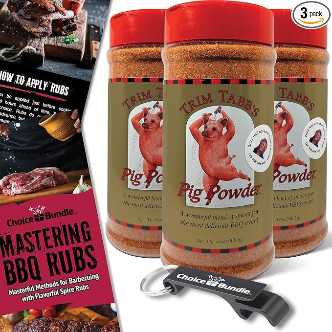 Trim Tabb’s Pig Powder Premium BBQ Barbecue Rub &amp Seasoning 3 Pk (36 oz) + Guide &amp Keychain Bottle Opener (5 Items)!