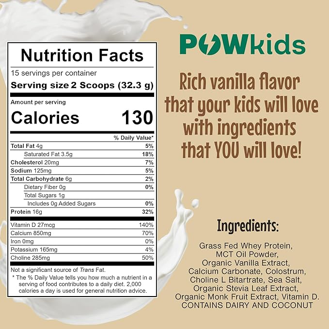 Kids Protein Shake Powder 16g – No Added Sugar Organic Ingredients Grass-Fed Whey Proteins – Calcium &amp Choline for Bone Strength &amp Brain Development Protein Shake – Vanilla
