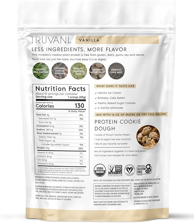 Truvani Vegan Pea Protein Powder | Vanilla | 20g Organic Plant Based Protein | 10 Servings | Keto | Gluten &amp Dairy Free | Low Carb | No Added Sugar