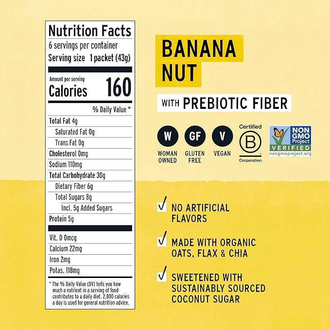 Purely Elizabeth Classic Cinnamon Superfood Oatmeal with Prebiotic Fiber Gluten Free &amp Non-GMO 9.12 Oz (Pack of 6) (6 Pack Banana Nut)
