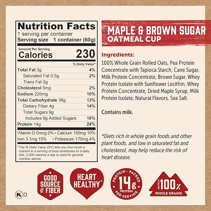 Kodiak Cakes Instant Protein Maple &amp Brown Sugar Oatmeal in a Cup 2.12oz (Pack of 12)
