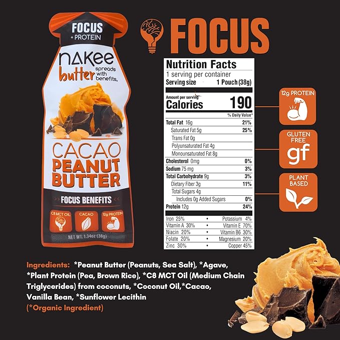 Nakee Butter Focus Cacao Peanut Butter - Gluten-Free Keto Low-Carb High-Protein with C8 MCT Oil 6 Pack