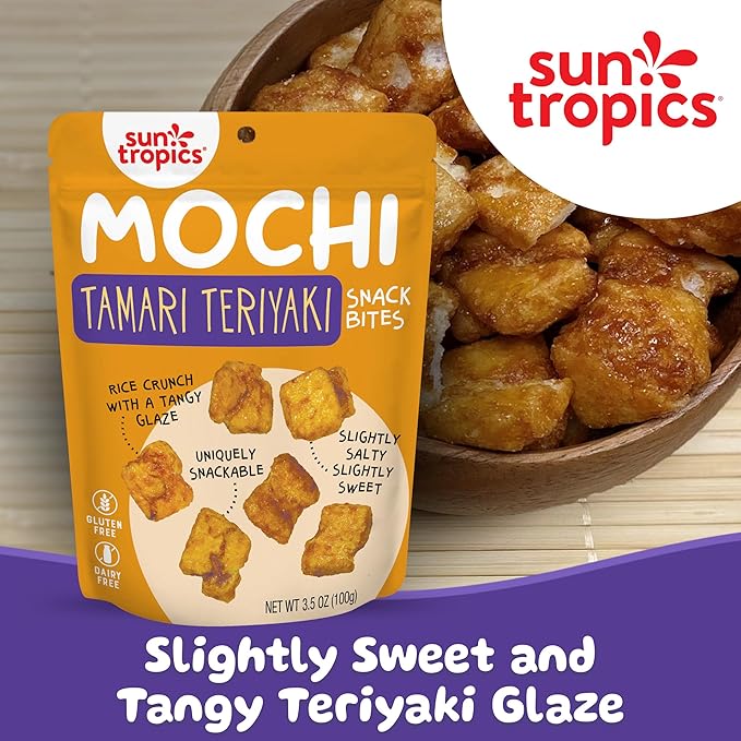Sun Tropics Mochi Snack Bites Tamari Teriyaki Flavor 3.5 oz (Pack of 6) | Crispy Crunchy Mochi Rice Bites | Gluten Free Dairy Free No MSG Added Asian Rice Snacks