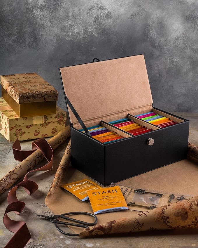Gourmet Herbal and Decaf Tea Gift Variety 60 Count 15 Flavors Non-GMO and All-Natural Vegan Leather Storage Box
