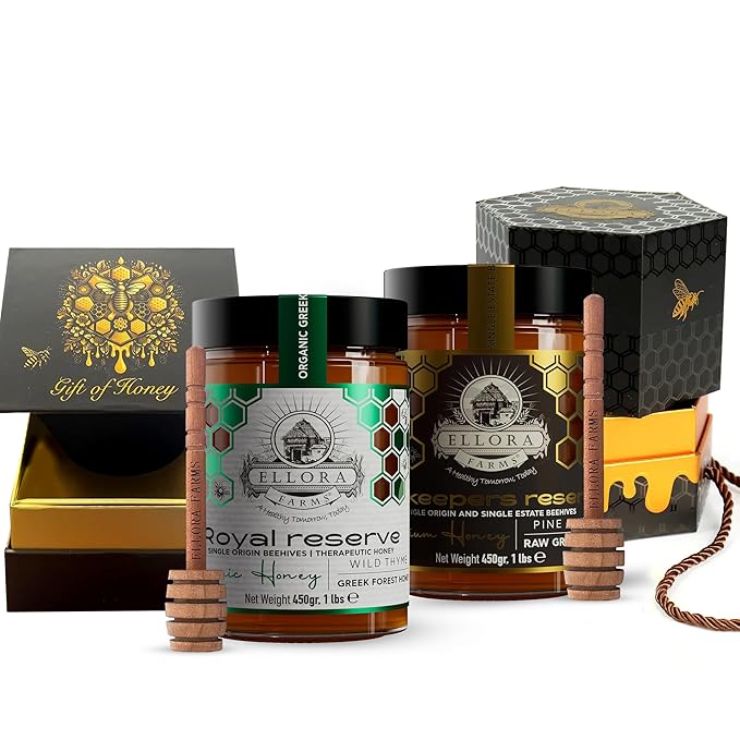 Ellora Farms Organic &amp PDO Raw Greek Honey Bundle – Wild Thyme &amp Pine+Thyme Raw Unfiltered Gift Pack - 2×450g