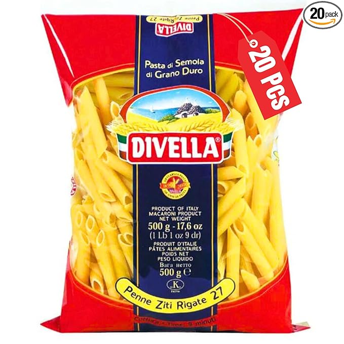 DIVELLA Penne Rigate #27 16 Oz. (Pack of 20) - Authentic Italian Pasta Made with Durum Wheat Semolina Perfect 'Al Dente' Texture for Every Dish