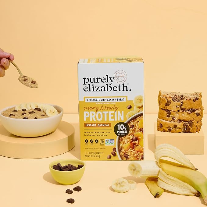 Purely Elizabeth Creamy &amp Hearty Protein Instant Oatmeal Chocolate Chip Banana Bread Vegan Friendly Organic Gluten Free &amp Non-GMO 5 Count 8.3 Ounce (Pack of 6)