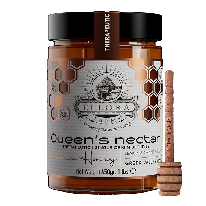Ellora Farms Greek Honey Lemon &amp Orange Blossom Raw Honey Unfiltered 2025 Paris Platinum Award Non-GMO and Unpasteurized Dipper Included - 450g (1lbs)