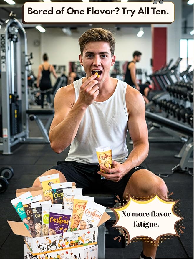 Gold Cashew Variety Pack – 10 Roasted Cashew Flavors (Coconut Wasabi Honey Spicy Salted Unsalted Coffee Cheese Chocolate Testa) – 10 x 50g Bags – Vietnamese Snack Gift Box for Family Non GMO