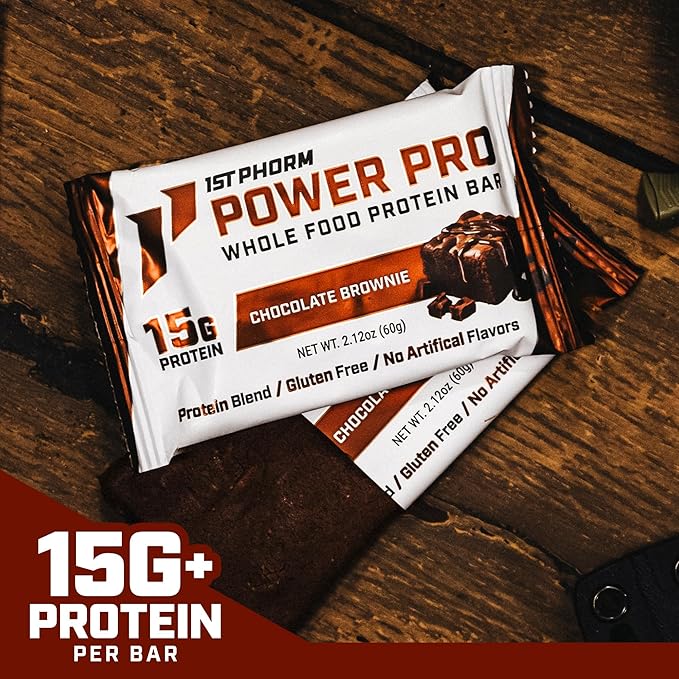 1st Phorm Power Pro Protein Bars Chocolate Brownie Flavor 15G Whole Food Protein Gluten Free Snack Bars for on the Go or Pantry Snacks Made Without Artificial Flavors 15 Count