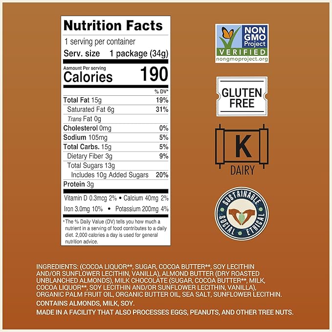 Chocolove Almond Butter Cups in Dark Chocolate | 55% Cocoa | Creamy &amp Rich | Crafted with Belgian Dark Chocolate | Non-GMO 1.2 oz per pack (10 2-packs)