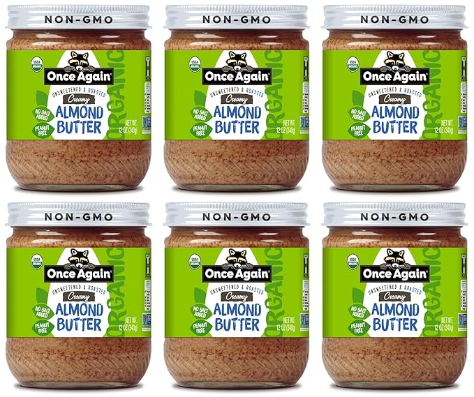 Once Again Organic Creamy Almond Butter 12oz - Roasted - Salt Free Unsweetened - USDA Organic Gluten Free Certified Peanut Free Vegan Kosher Paleo - Glass Jar - 6 Pack