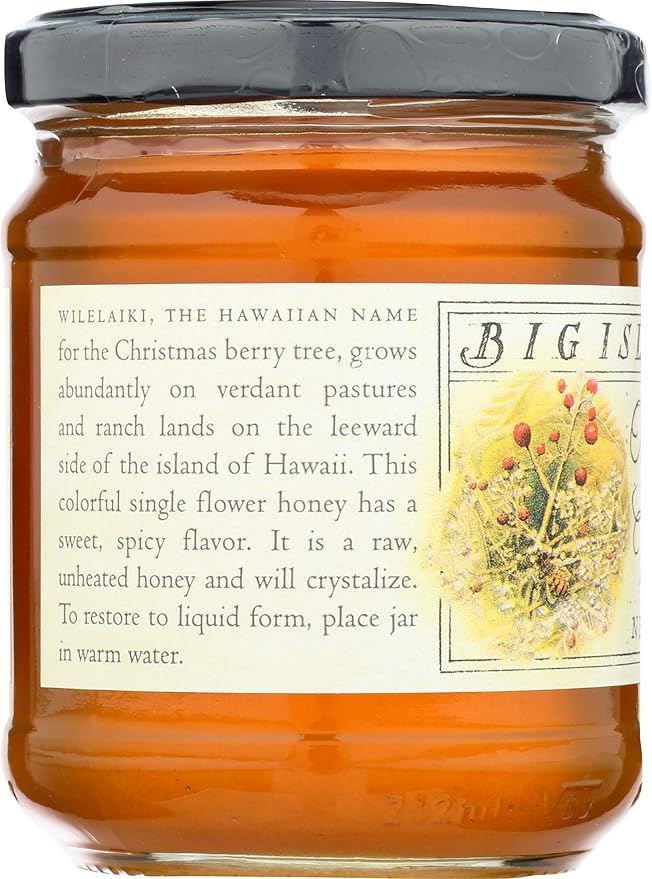 Organic Wilelaiki (Hawaiian Christmas Berry) Raw Honey Single Floral Variety by Big Island Bees (9 oz Glass Jar)