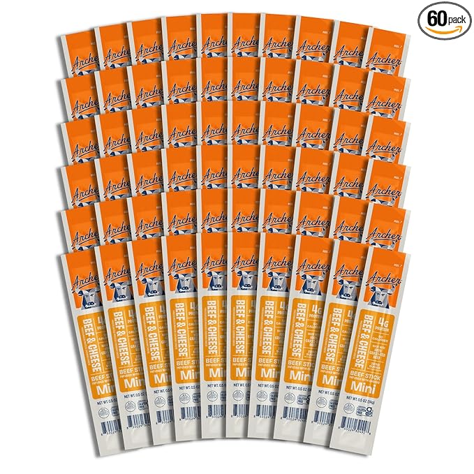 Archer Jerky Mini Beef Sticks - Grass Fed Sticks Individually Wrapped Mini Protein Snack Packs Bulk Gluten Free Paleo Keto - .5 oz Beef &amp Cheese (Pack of 60)