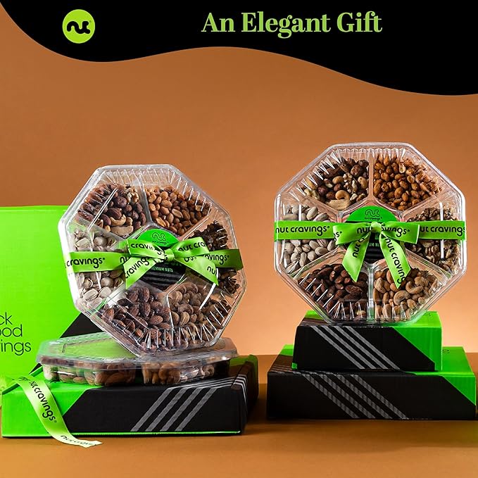 NUT CRAVINGS - Easter Mixed Nuts Gift Basket + Green Ribbon (7 Assortments 1 LB) Ramadan Gifts Treats for Adults Food Arrangement Healthy Snack Care Package Kosher