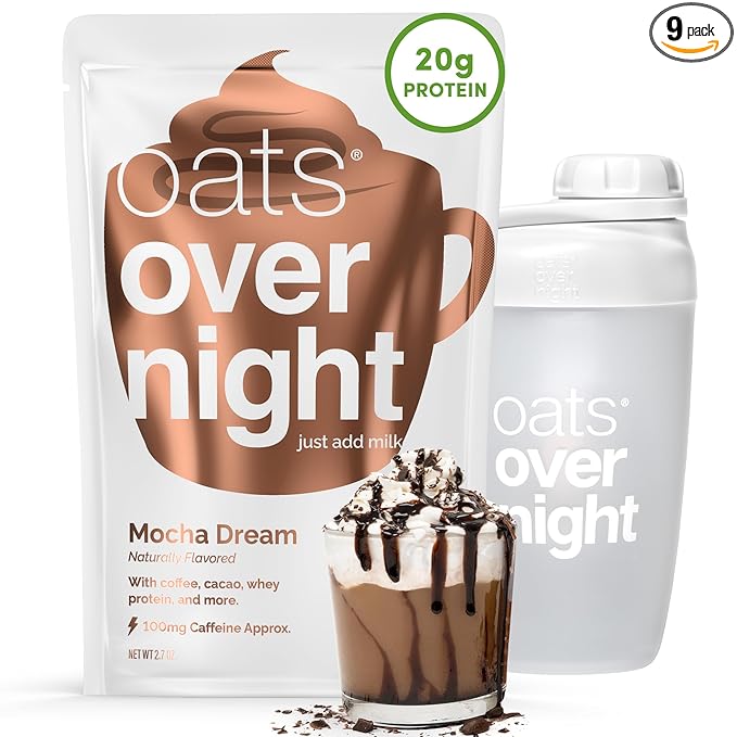 Oats Overnight - Mocha Dream - 20g Protein High Fiber Breakfast Shake 100mg Caffeine - Gluten Free Non GMO Oatmeal (2.7 oz per meal) (8 Pack + Shaker Bottle)