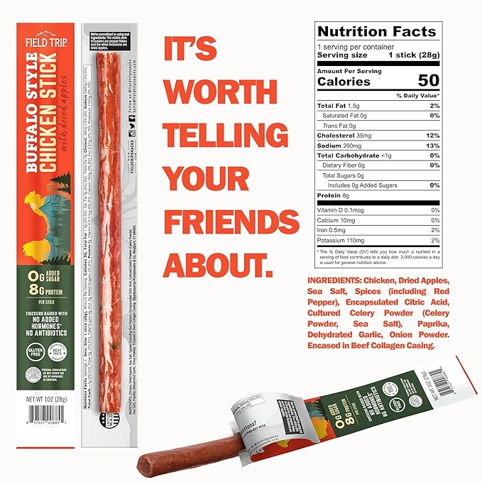 Field Trip Hormone Free Spicy Buffalo Chicken Jerky Snack Sticks 0 Sugar Keto Paleo Gluten Free Allergy Friendly Snack High Protein 50 Calorie Snack 1oz 10 Pack