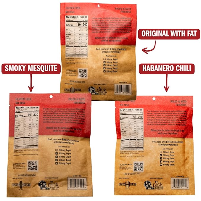 Biltong Depot Variety Pack – Smoky Mesquite Habanero Chili &amp Original with Fat | Biltong Slices | 3oz Bags (3 Pack) | Air-Dried Beef Jerky Snack | High Protein | Keto &amp Paleo Friendly | Zero