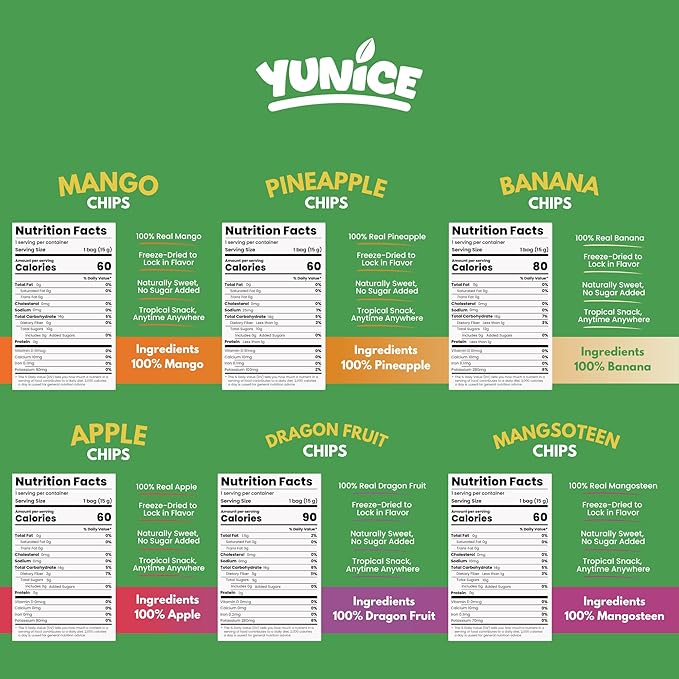 Yunice Freeze-Dried Fruit 100% Natural Gluten Free No Added Sugar healthy snacks for adults BANANA MANGO PINEAPPLE MANGOSTEEN APPLE &amp DRAGON FRUIT Variety Pack 0.53 Ounce (Pack of 12)
