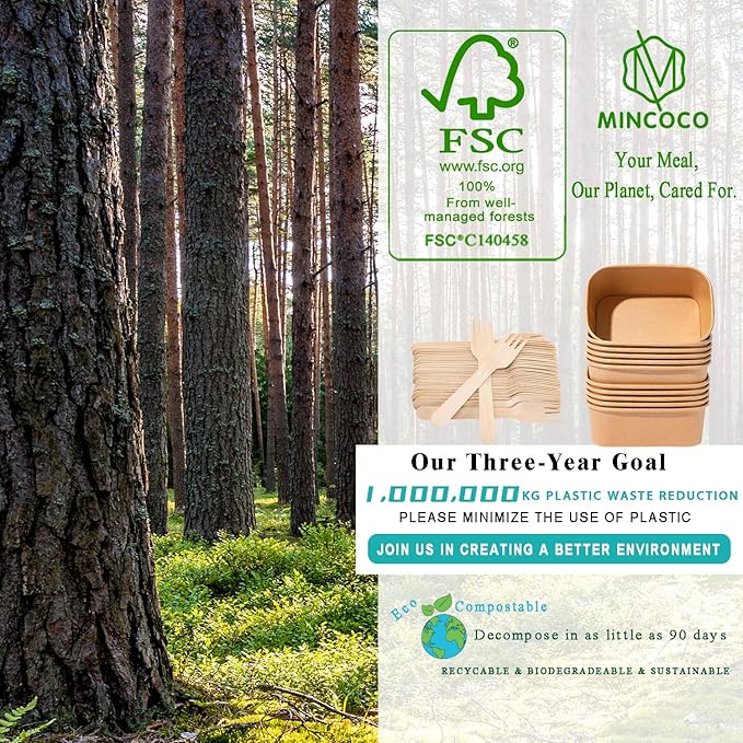 MINCOCO 50 Count Paper Bowls Disposable Meal Prep Containers with Lids【Includes 50 Wooden Forks + 100 Labels】 Salad Food Containers Freezer &amp Microwave Safe Leakproof Soup Bowls (29 Ounce 50-Coun