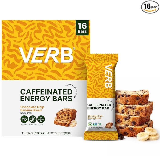 Verb Caffeinated Energy Bars Chocolate Chip Banana Bread (26g Pack of 16) 110-Calorie Delicious Energy Bar Gluten Free On-the Go Snack with 80mg Green Tea Caffeine Only Real-Food Ingredients