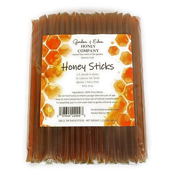 Garden of Eden Honey Company Pure Honey Sticks (100-Count) | Individual Natural Sweetener Straws for Tea &amp Coffee | Single-Serve Packets | Easter Basket gift