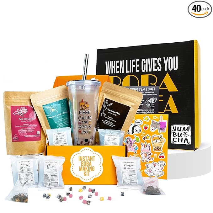 YUMBUCHA Instant Boba Making Kit - A Complete Set for Boba Tea Lovers - 30 Drinks Reusable Cup &amp Straw Tapioca Pearls and Loose Leaf Teabags - Rose Oolong Jasmine Green Classic Black