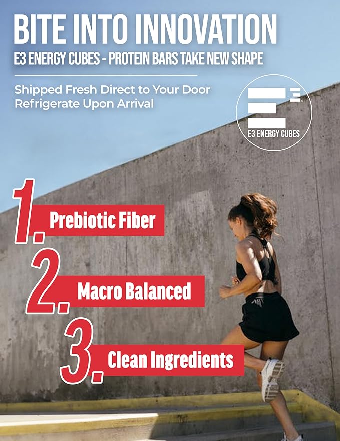 E3 Energy Cubes- PB &amp Jam Strawberry Refrigerated Protein Bars | Gluten Free Dairy Free Soy Free Healthy Non-GMO Macro Smart Prebiotic Fiber | Healthy Snack Bars | Made in USA Pack of 12