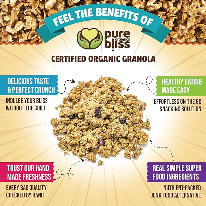 Pure Bliss Organics NO SUGAR BUZZ GRANOLA VARIETY PACK 3-12oz bags one each Cashew Raisin Granola Cashew Cranberry  Cocoa Cashew Butter  Certified Organic and Gluten Free Vegan Non GMO Low Gly