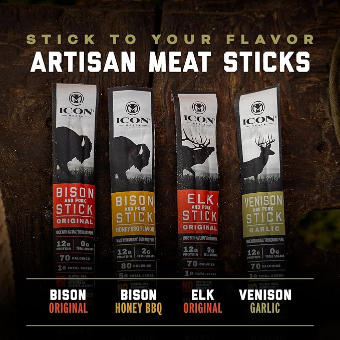 ICON Meats Venison and Pork Snack Sticks Garlic Flavor 24 Pack High Protein Snacks Sugar Free Natural Jerky Meat Sticks Gluten Free USDA Inspected Made in the USA Gifts for Him