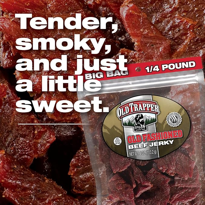 Old Trapper Beef Jerky Old-Fashioned 1/4-Pound Individual Package Tender Meat Snacks for Lunches or Between Meals 11 Grams of Protein Zero Grams of Fat 70 Calories per Serving (Pack of 8)