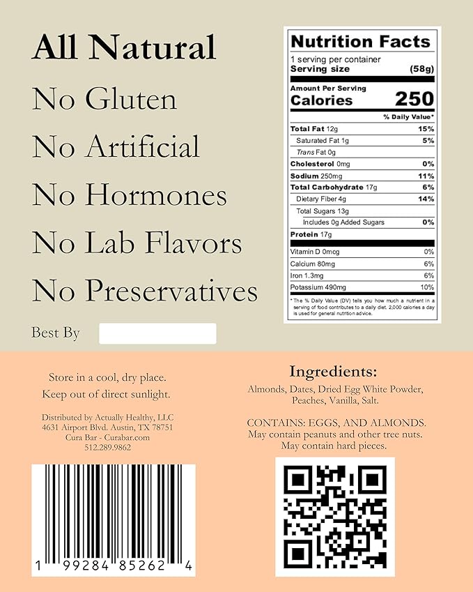 CuraBar Protein Bars – 17g Protein Low Carb Gluten Free Dairy Free Healthy Snack Seed Oil Free No Artificial Ingredients 12 Count Peach Vanilla