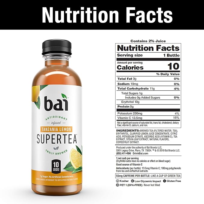 Bai Iced Tea Tanzania Lemon Antioxidant Infused Supertea Crafted with Real Tea (Black Tea White Tea) 18 Fluid Ounce Bottles (Pack of 12)