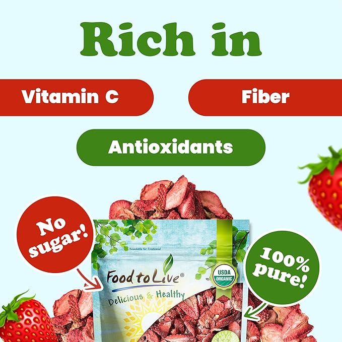 Food to Live Organic Freeze-Dried Strawberries 1 Pound – 100% Natural Berries No Sugar Added Vegan and Nutritious Snack – Perfect for Smoothies and Baking Non-GMO Kosher Bulk