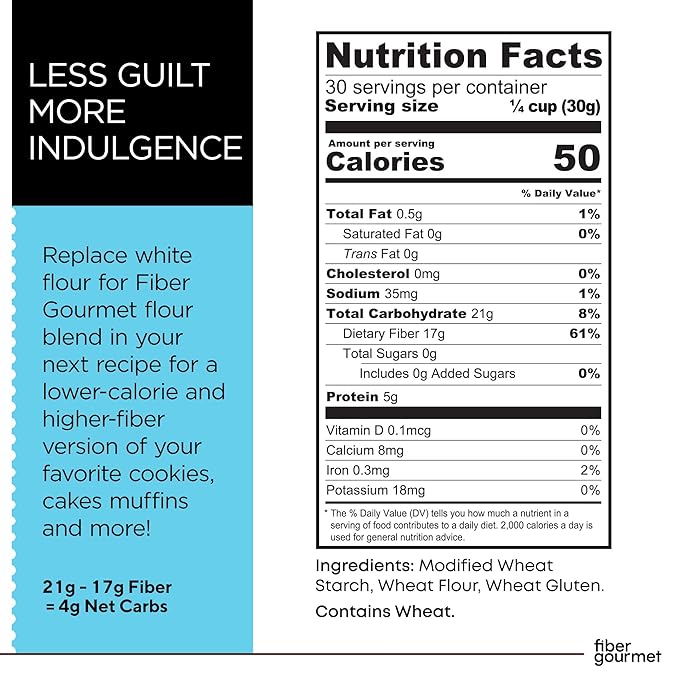 Fiber Gourmet Low Net Carb Flour Blend - Keto Friendly All-Purpose Baking Flour with 55% Fewer Calories 81% Fewer Net Carbs 17g Fiber Non-GMO Vegan - 32 Ounce (pack of 2)