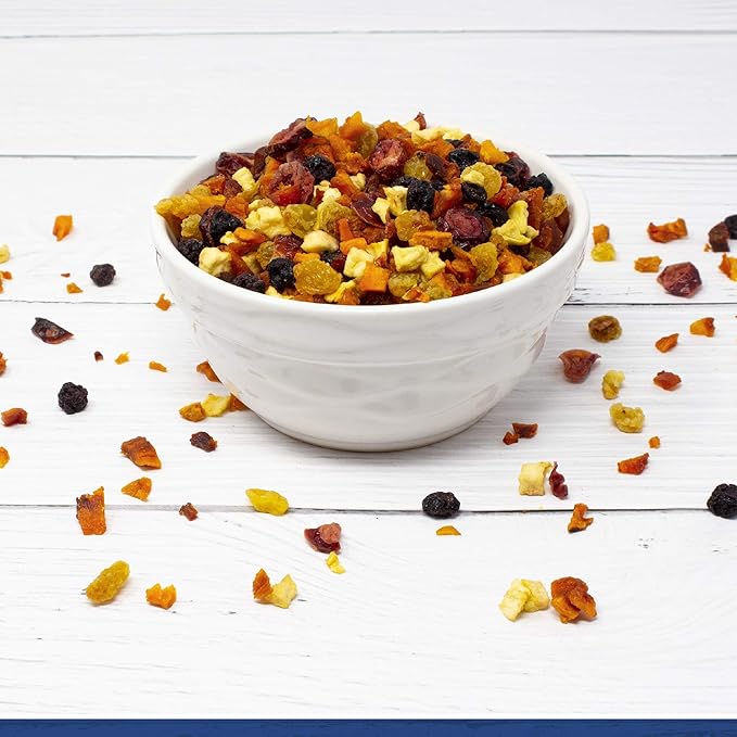 Traina Home Grown All American Dried Fruit Blend - Peaches Sweetened Cranberries Golden Raisins Sweetened Blueberries Apples - Non GMO Gluten Free Vegan Healthy Real Fruit Snack in Resealable P