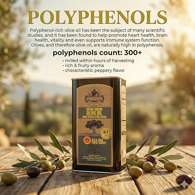 Ellora Farms Greek Extra Virgin Olive Oil Certified PDO SITIA Single Estate Crete High in Phenols Cold Press &amp Traceable EVOO Greece Kosher 1 Lt Tin (33.8 oz.) X 2 Pack