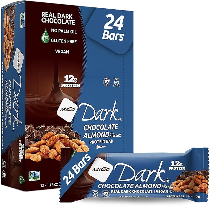 NuGo Dark Chocolate Almond with Sea Salt 12g Protein Bar Vegan Gluten Free Non-GMO Kosher Pareve 24 Count