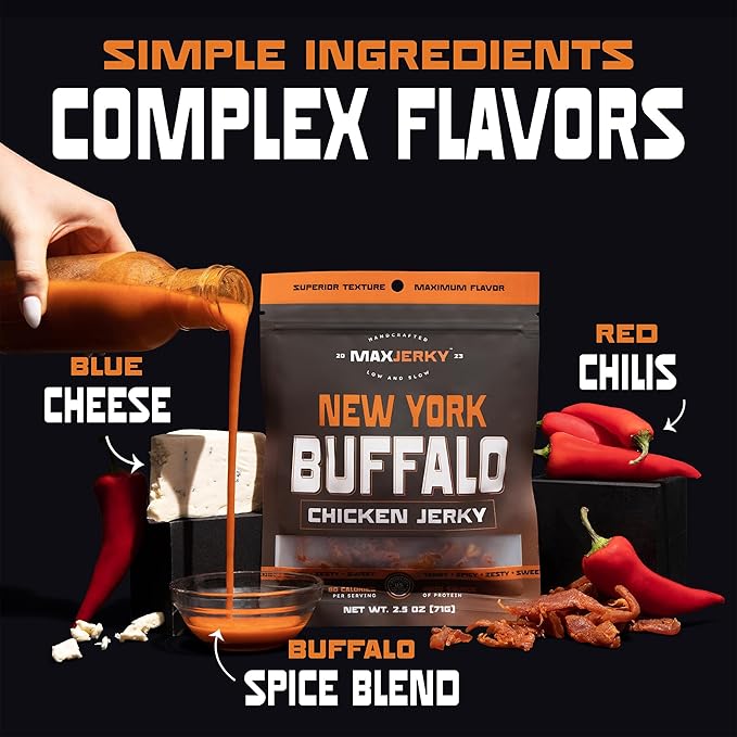 MaxJerky New York Buffalo Chicken Jerky 22.5 Grams of Protein 2.5 OZ (4 Pack)