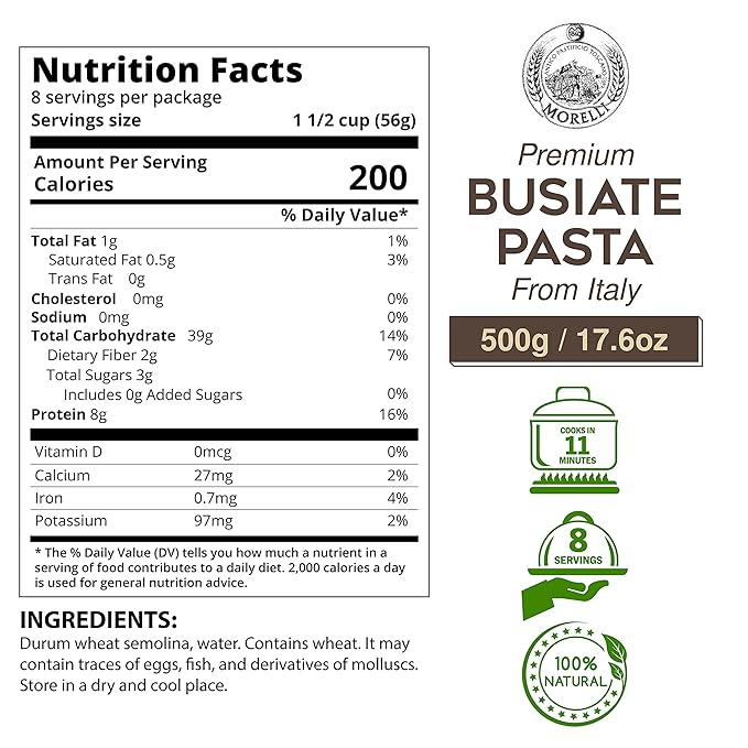 Morelli Spiral Pasta - Organic Premium Durum Wheat Semolina Italian Pasta from Italy - Protein-Rich Ancient Grains All Natural Gourmet Italian - Busiate (Trofie Gemelli) 17.6 Oz - Pack of 2