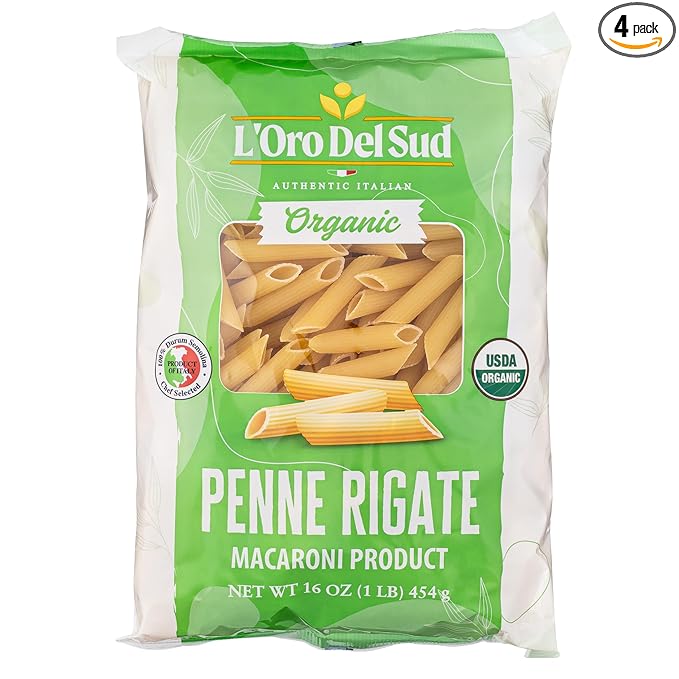 Organic Penne Rigate (16 oz x 4 Pack) Italian Pasta Durum Wheat Premium Quality Product of Italy L'Oro del Sud